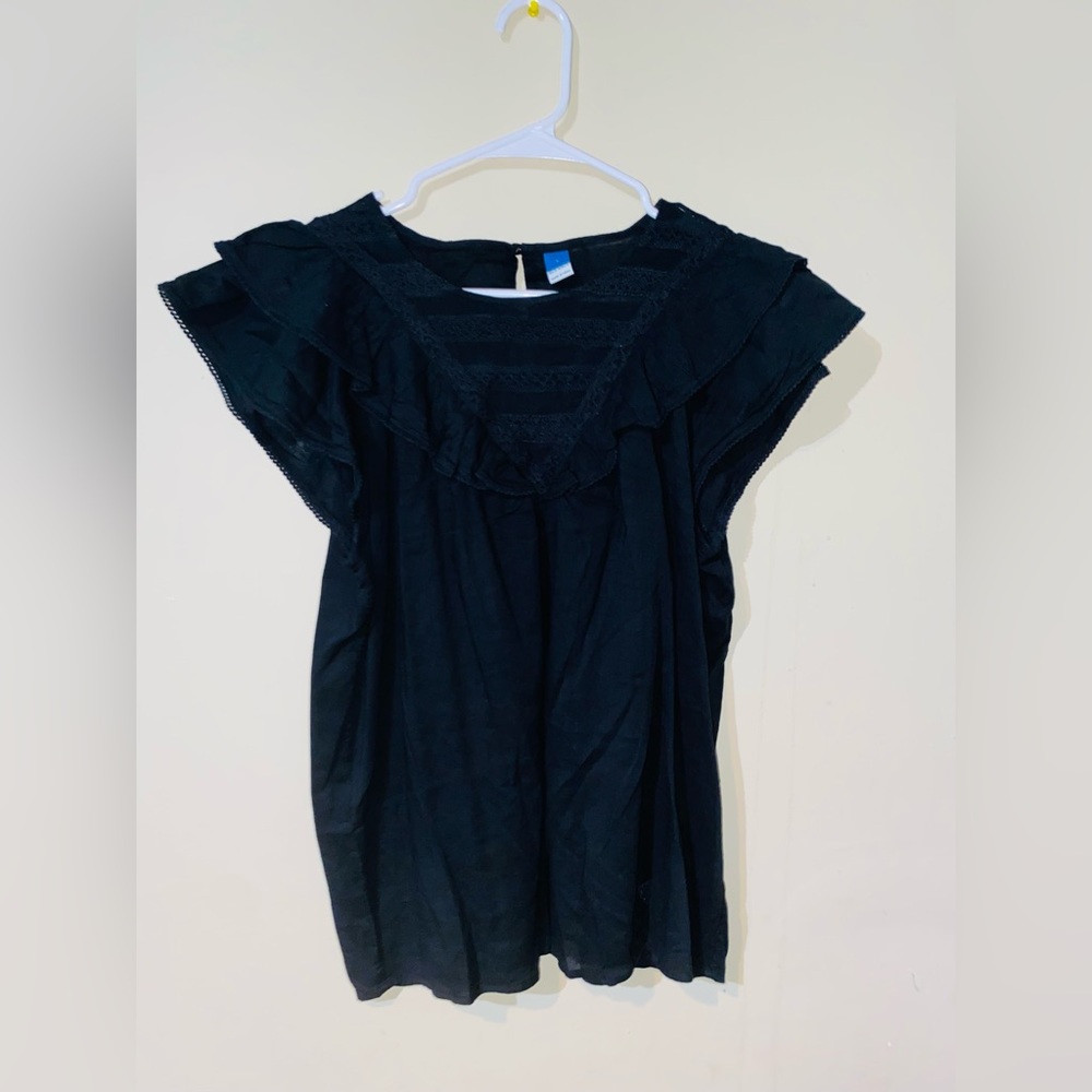 Old Navy Blouse Womens Black Embroidery Trim Ruffles Flutter‎ Sleeves